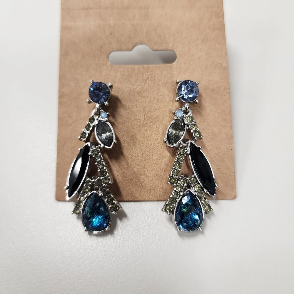 Rhinestine Drop Earrings Silver-tone Statement Prom Party Classy Blue Black Gray